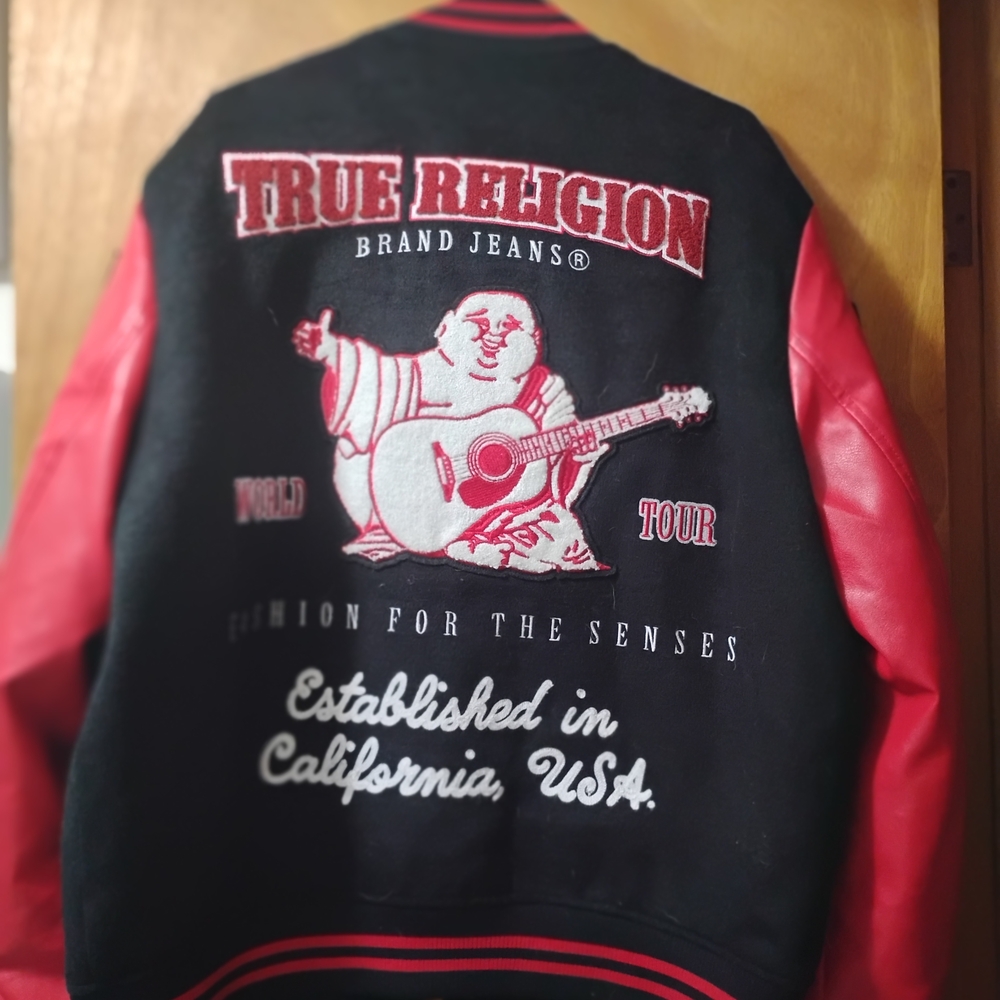True Religion Men's Black and Red Varsity Jacket
